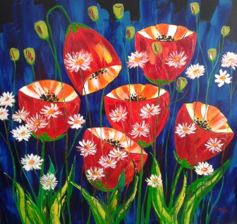 Poppies And Daisies 24"x24" Oil on Canvas by John Damari