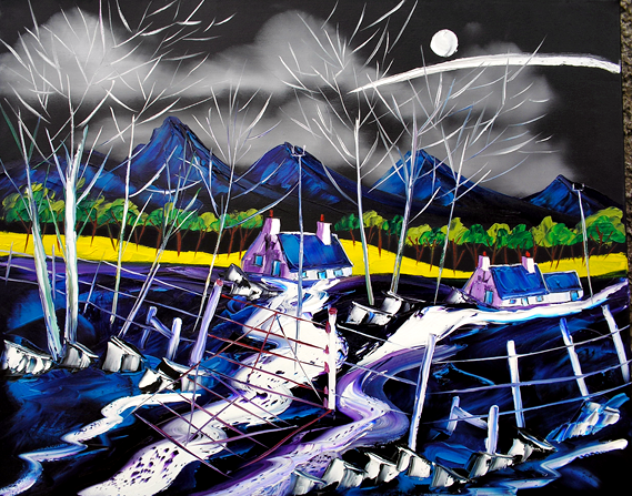 Moonlit night at Flora's wee crofts knapdale Argyll 76x61 Oil on Canvas by John Damari 