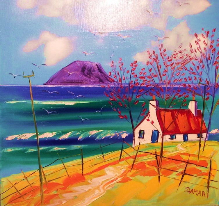Wee Croft Looking Towards Ailsa Craig Ayrshire oil on Canvas by John Damari
