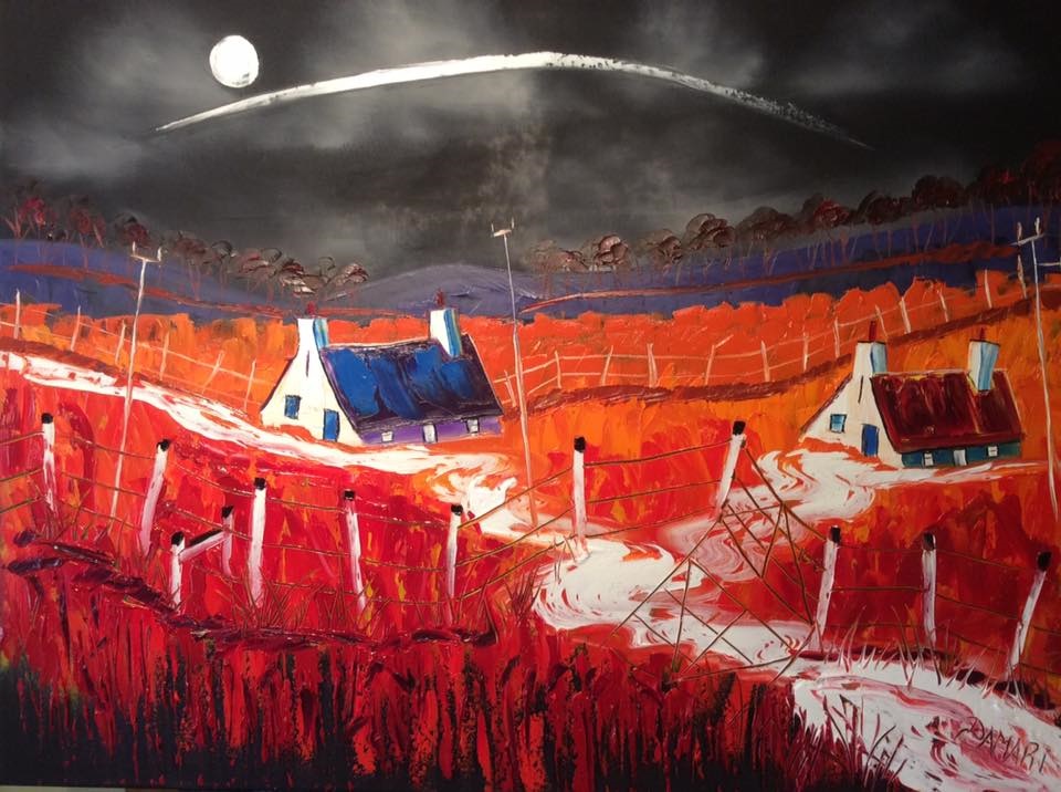 Storm over the crofts on a moonlight night oil on Canvas by John Damari