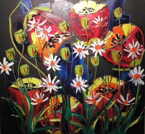 Poppies and Daisys 24"x24" Oil on Canvas by John Damari 