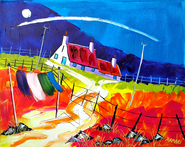 Moonlit night at Callums wee croft argyll 40x40 Oil on Canvas by John Damari 