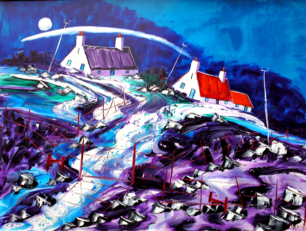 Moonlit night at Nelly's wee crofts loch Awe argyll 102x76 Oil on Canvas by John Damari 