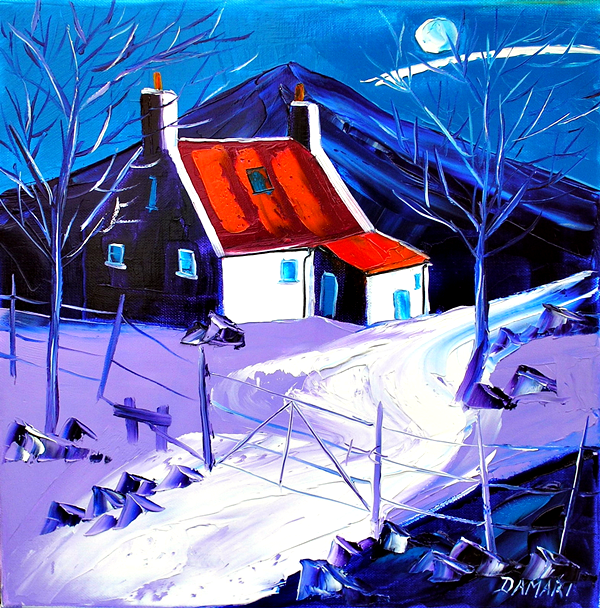 Moonlit night at the croft isle of Mull 16x16 Oil on Canvas by John Damari 
