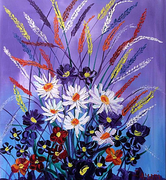 Daisies Poppies and Pansies oil on canvas by John Damari